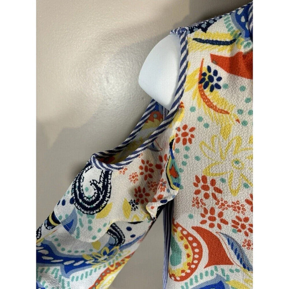Melissa Paige Petite Size PM flowing open shoulder top Multicolor ruffle neck an - Picture 2 of 8